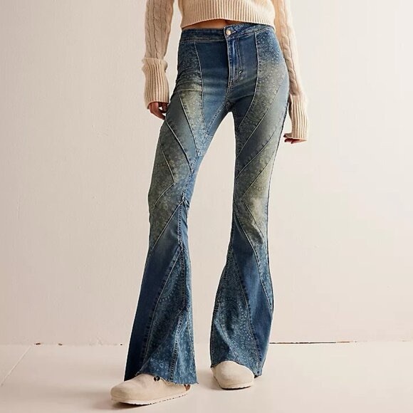New Free People We The Free Mermaid Mid- Rise Flare Jeans in Low Tide - Picture 11 of 14